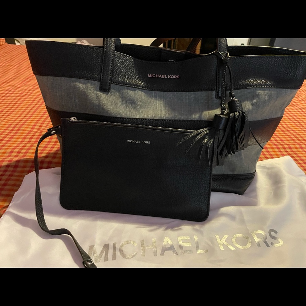 Michael Kors Striped Canvas Washed Denim Tote w/ detachable mini wallet